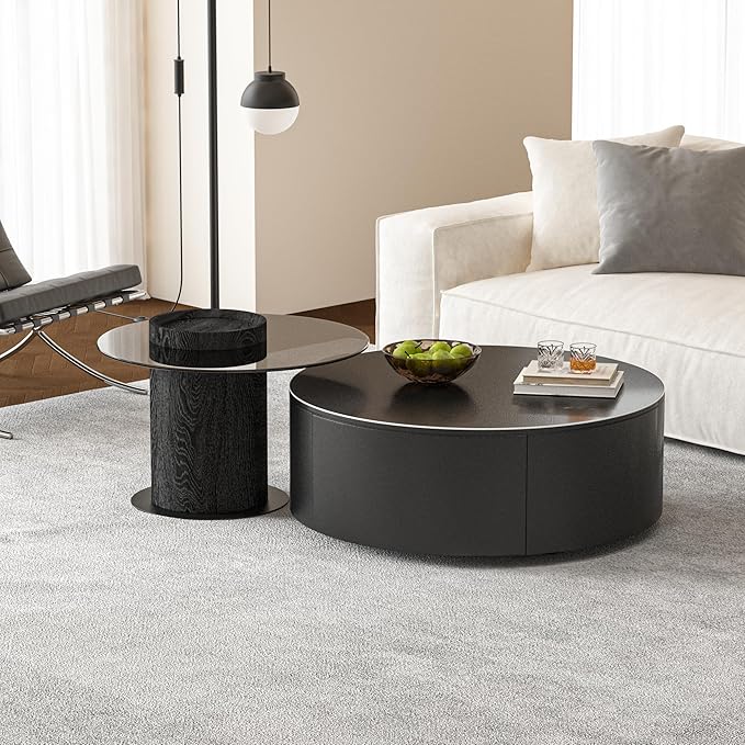 Round Coffee Table Set of 2 with Hidden Storage for Living Room, Modern Nesting Circle Center Coffee Table with Tempered Glass Top and Carbon Steel Base for Home Office, Easy Assembly, Black