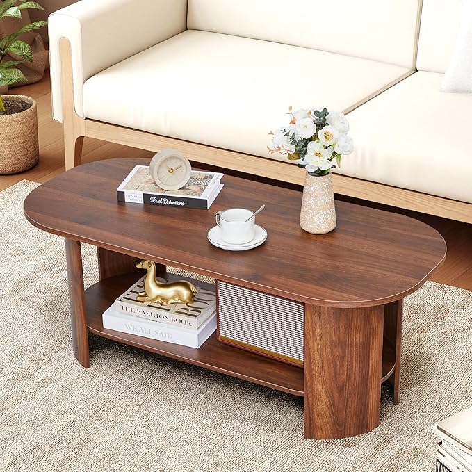 43.3” Oval Coffee Table for Living Room, Wood Farmhouse Coffee Tables with Storage, 2-Tier Center Table with Storage Shelf Low Tea Table for Small Space, Home, Office, Easy Assembly (Walnut)