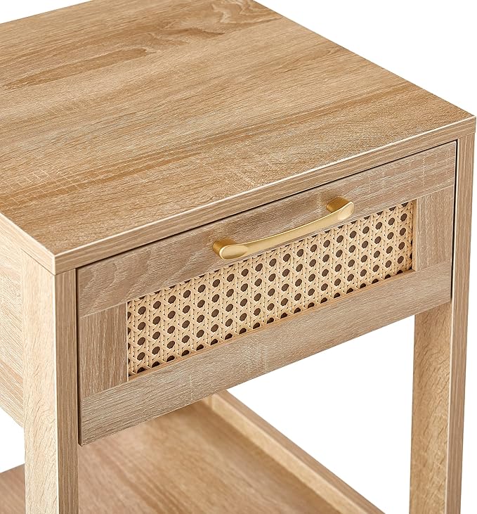 Rattan Nightstand - Wooden Boho End Table with Storage Drawer and Opening Shelf, Bedside Tables Bed Side Table Accent Table for Living Room, Bedroom Small Space