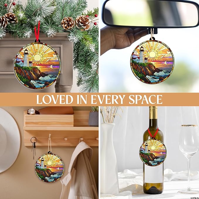 AVERXO Lighthouse Decor Christmas Decorations - Suncatcher Christmas Ornaments 2025 for Xmas Decorations - Lighthouse Gifts for Women Men, Boho Ocean Gifts for Women Men Mom Dad Ocean Lovers