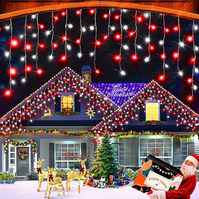 XURISEN 66ft Christmas Lights Decorations Outdoor, 640 LED 8 Modes Curtain Fairy Lights with 120 Drops,Plug in Waterproof Timer Memory Function for Christmas Holiday Wedding Party Decor(Red+White)