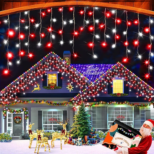 XURISEN 66ft Christmas Lights Decorations Outdoor, 640 LED 8 Modes Curtain Fairy Lights with 120 Drops,Plug in Waterproof Timer Memory Function for Christmas Holiday Wedding Party Decor(Red+White)
