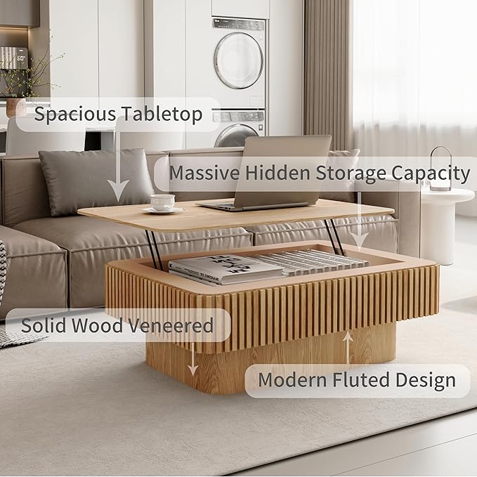38.6" Lift Top Coffee Table, Modern Fluted Tea Table with Hidden Storage for Living Room, Apartment or Office, Natural Wood