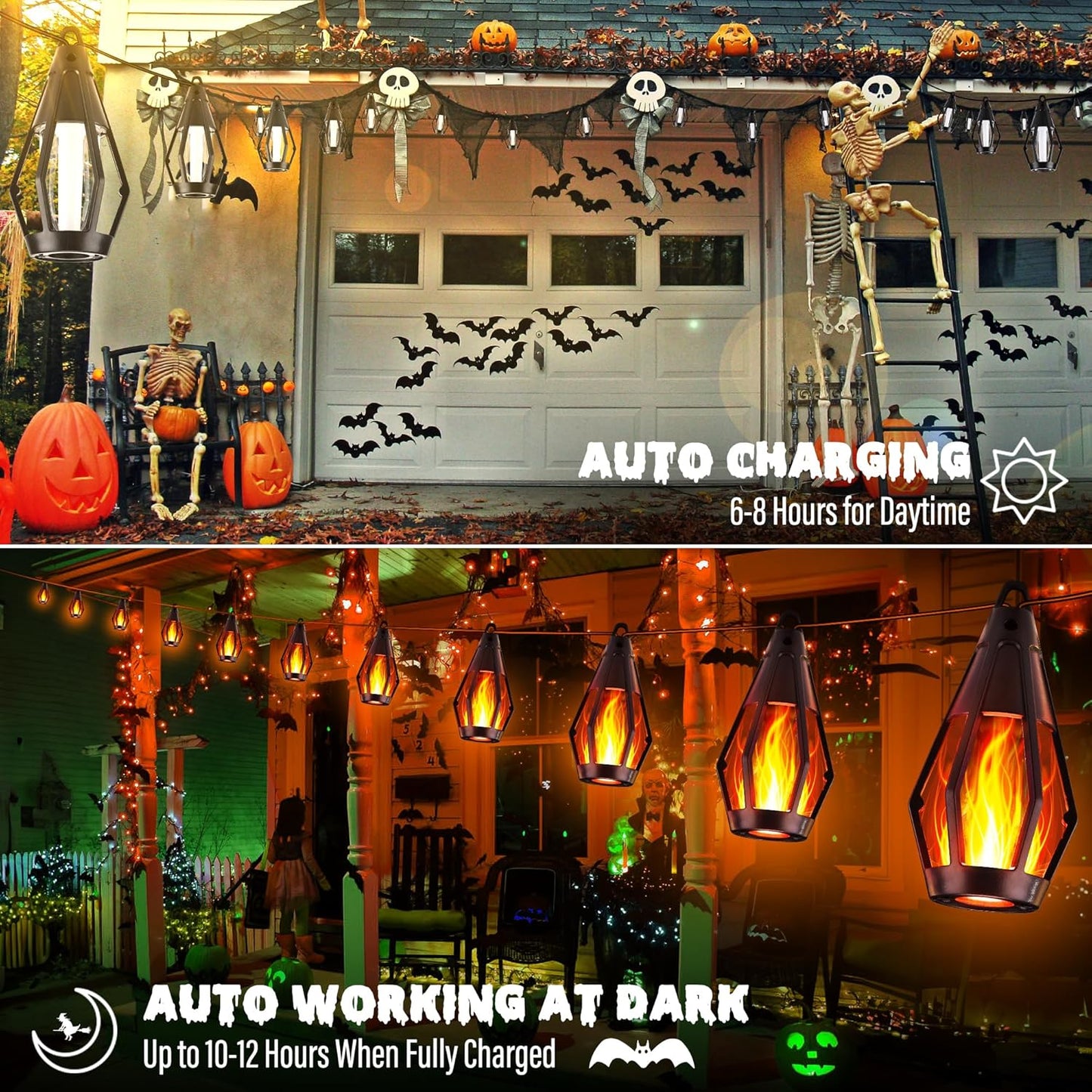 iBaycon Solar Halloween Lights, 42Ft 15 LED Bulbs Flickering Flame String Light, Outdoor Waterproof Solar Flame Lights for Garden Yard Patio Halloween Decorations (Warm White)