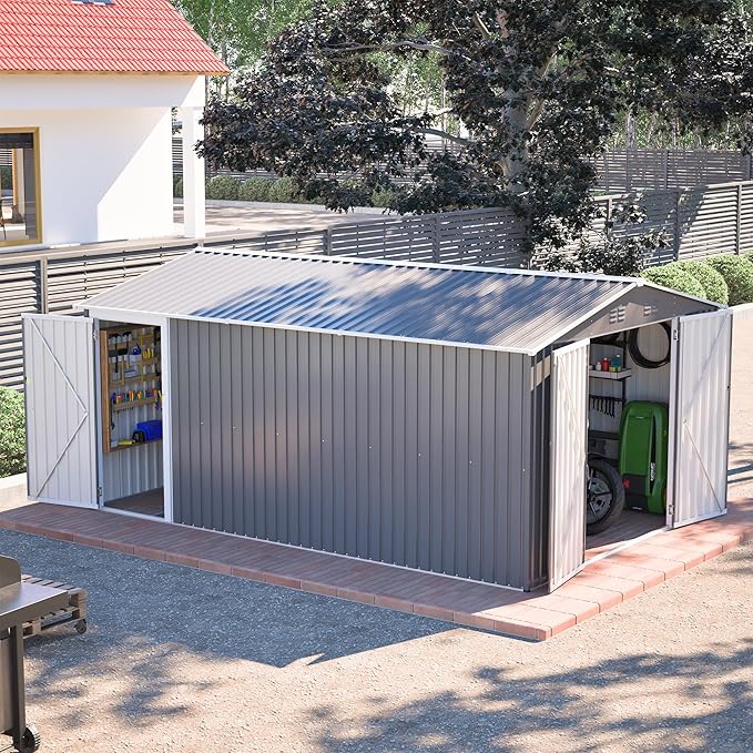 10x14 FT Extra Large Outdoor Metal Storage Shed with Side Door & Floor Frame, Lockable Double Doors, Heavy Duty Waterproof Garden Tool Shed for Backyard, Lawn Equipment, Patio & Utility Storage