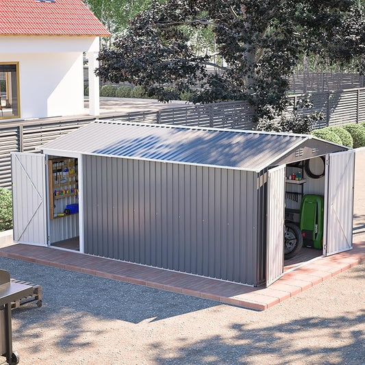 10x14 FT Extra Large Outdoor Metal Storage Shed with Side Door & Floor Frame, Lockable Double Doors, Heavy Duty Waterproof Garden Tool Shed for Backyard, Lawn Equipment, Patio & Utility Storage