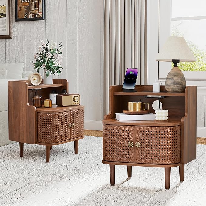 Metal Rattan End Table Set of 2 with Charging Station, Mid Century Modern Nightstand with 2 Doors, Bed Side Table with Storage for Couch,Living Room, Sofa Side Table for Office,Dorm - Walnut