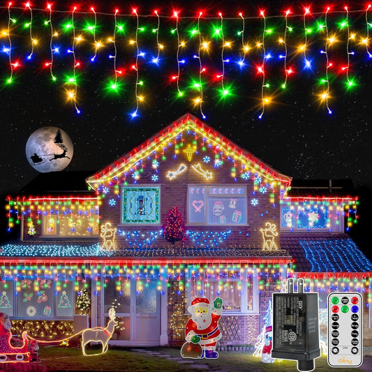 Ollny Icicle Lights for Outside 720LED 60FT, Multicolor Christmas Lights with Remote 8 Modes Dimmable, Waterproof Connectable Timer Hanging Light for House Outdoor Yard Indoor Decorations