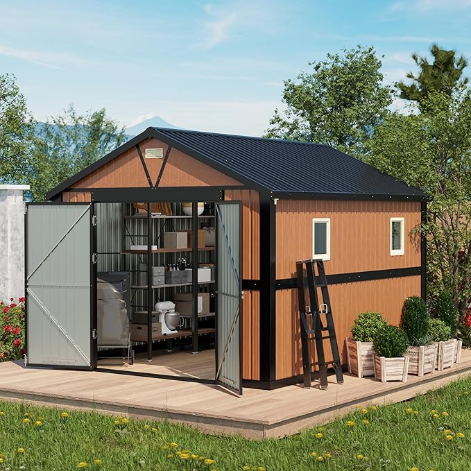 10x12 Ft Outdoor Storage Shed, Extra Large Metal Shed with Frame Floor, Lockable Doors, 2 Windows, Outside Steel Tiny House Ideal for Garden, Backyard, Patio Utility, Tool Storage