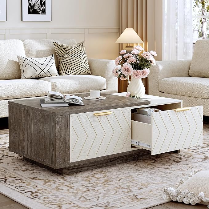 42"- 65" Extendable Coffee Table with Storage, Reversible Wood Coffee Table with 2 Drawers, Two-Tone Large Adjustable Center Table for Living Room, Office (Grey)