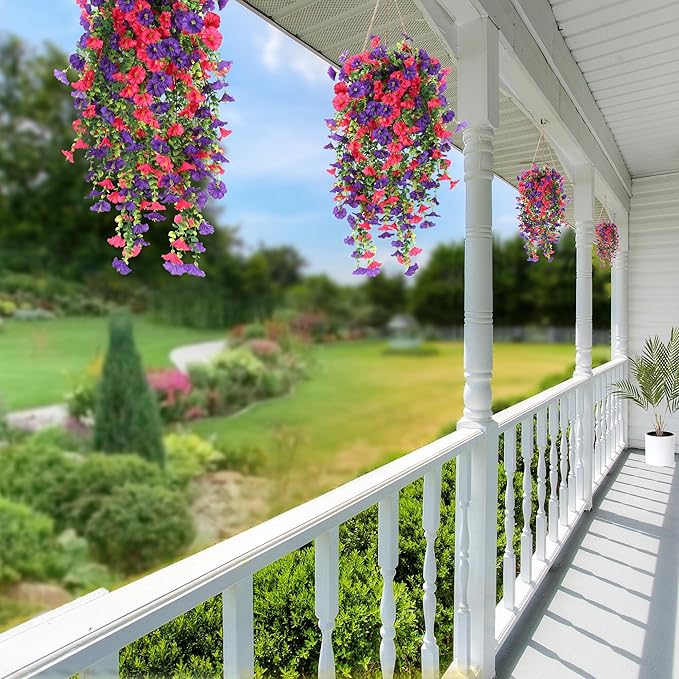 Artificial Fake Hanging Flowers Plants for Outdoor Outside Spring Summer Decoration 2PCS Faux Silk UV Resistant Realistic Morning Glory with Eucalyptus for Home Porch Patio Balcony(Purple & Hot Pink)