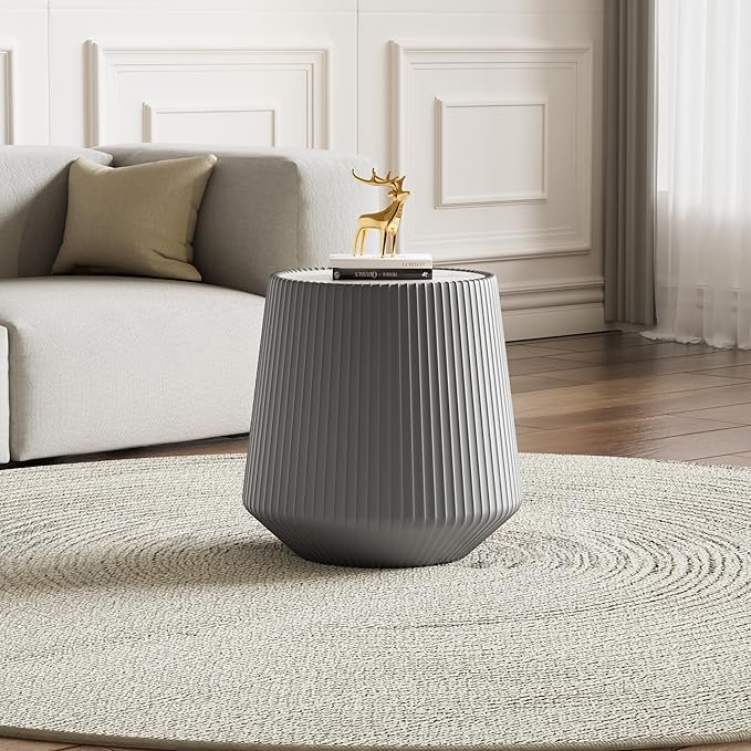 19.68" Grey Round Coffee Table, Drum Coffee Table with Sintered Stone Tabletop and Fluted PU Leather Covered and Stable Base, Circle Cocktail Tea Table for Living Room