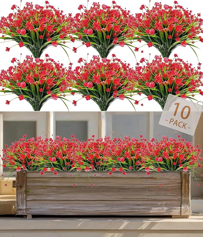 Fake Flowers 10 Bundles Faux Outdoor Plastic Flowers No Fade Artificial Red Shrubs Plants for Hanging Planters Window Box Spring Summer