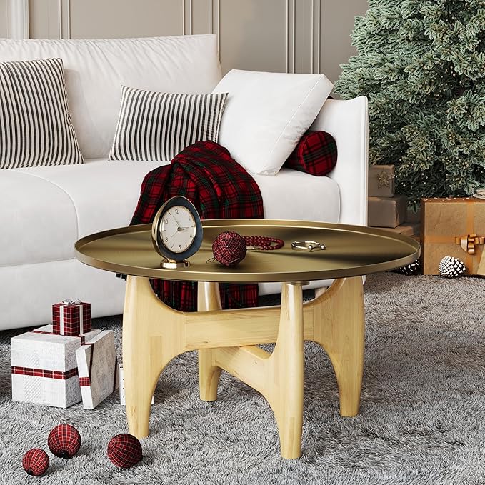 ACEDÉCOR 30“ Round Coffee Table, Brushed Gold Center Table with Low-Rim Edge Tray Top and Solid Wood X-Cross Base for Living Room Office Apartment