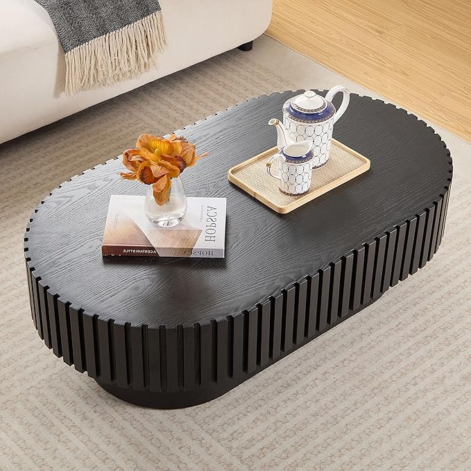 WILLIAMSPACE 43.7" Black Oval Coffee Table, Mid Century Modern Luxury Wood Drum Center Table for Living Room, Handcraft Accent Side Table Tea Table for Apartment, 43.7"*24.8"*13.78"H (Black)
