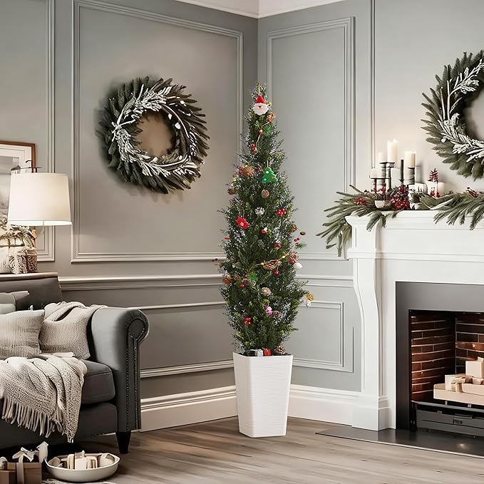 Artificial Cedar Trees 5FT Tall Artificial Bushes Cypress Shrubs, Fake Evergreen Shrubs with Extra Dense Foliage Realistic Potted & Pebbles Faux Plants for Front Porch Outdoor Christmas Tree