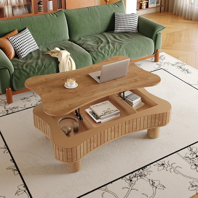 WILLIAMSPACE 42" Lift Top Coffee Table with Hidden Storage, Modern Luxury Wooden Center Table with Silent Hydraulic Lift, Curved Safety Corners, Accent Side Tea Table for Living Room, Light Brown