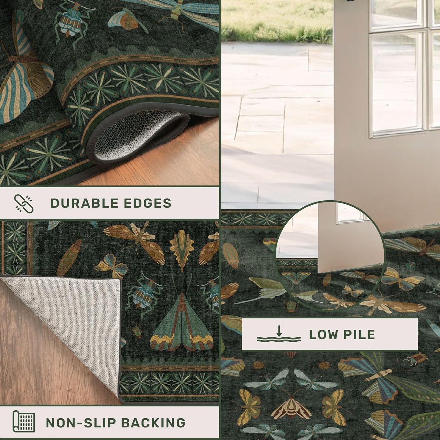 Black and Green Rug 5x8 for Living Room - Dark Moody Rugs for Dining Room Table, Playroom, Home Office, Insect Floral Moth Décor, Washable Non Skid Foldable