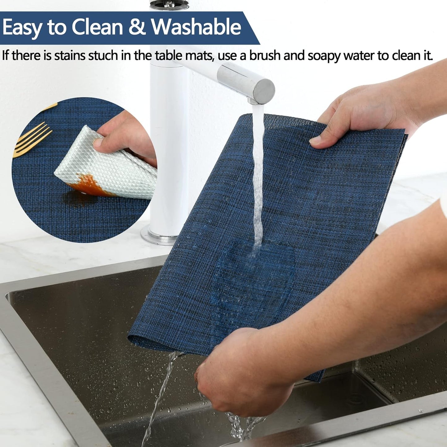 Navy Blue Placemats Set of 6 - Easy Clean Washable Vinyl Placemats - Wipeable Heat Resistant Table Mats for Dining Table - 17x12 Inch (Navy Blue, 6)