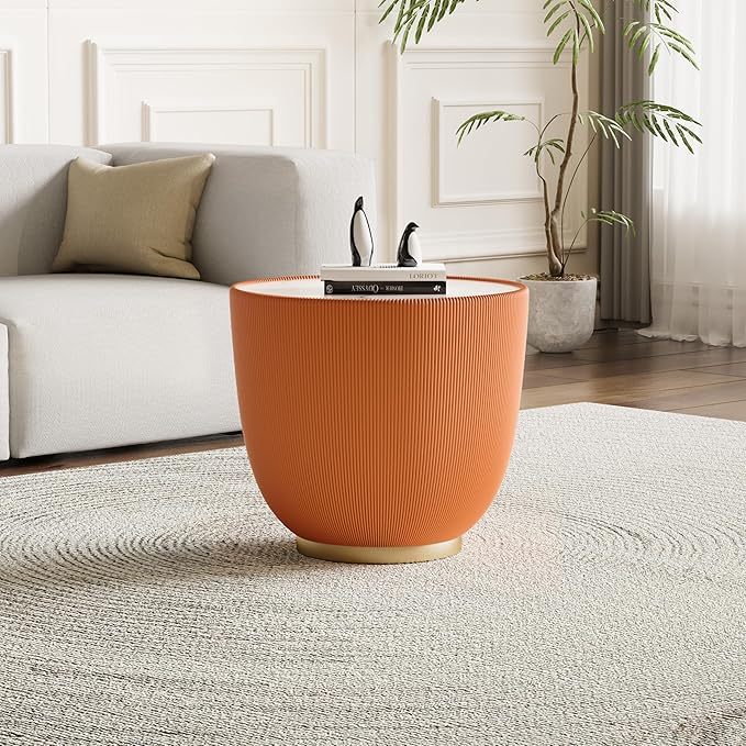 19.69" Orange Round Coffee Table, Drum Coffee Table with Sintered Stone Tabletop and Fluted PU Leather Covered and Metal Base, Circle Cocktail Tea Table for Living Room