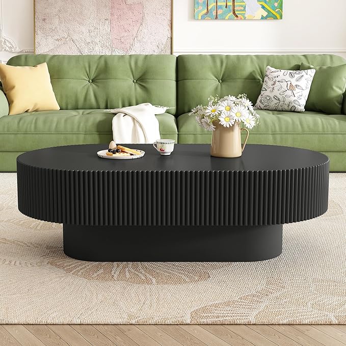 WILLIAMSPACE 43.3" Oval Coffee Table with 6.8" Thick Tabletop & Sturdy Base, Modern Drum Center Table Accent End Tea Table for Living Room, Minimalist Fluted Design, Easy Assembly, Black