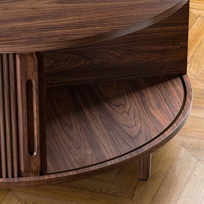 Round Coffee Table, 31.5" Fluted Center Table with Storage, Lift-Top Coffee Table with Adjustable Footpads, Sliding Door, Mid-Century Modern Center Table for Living Room, Small Space (Walnut)