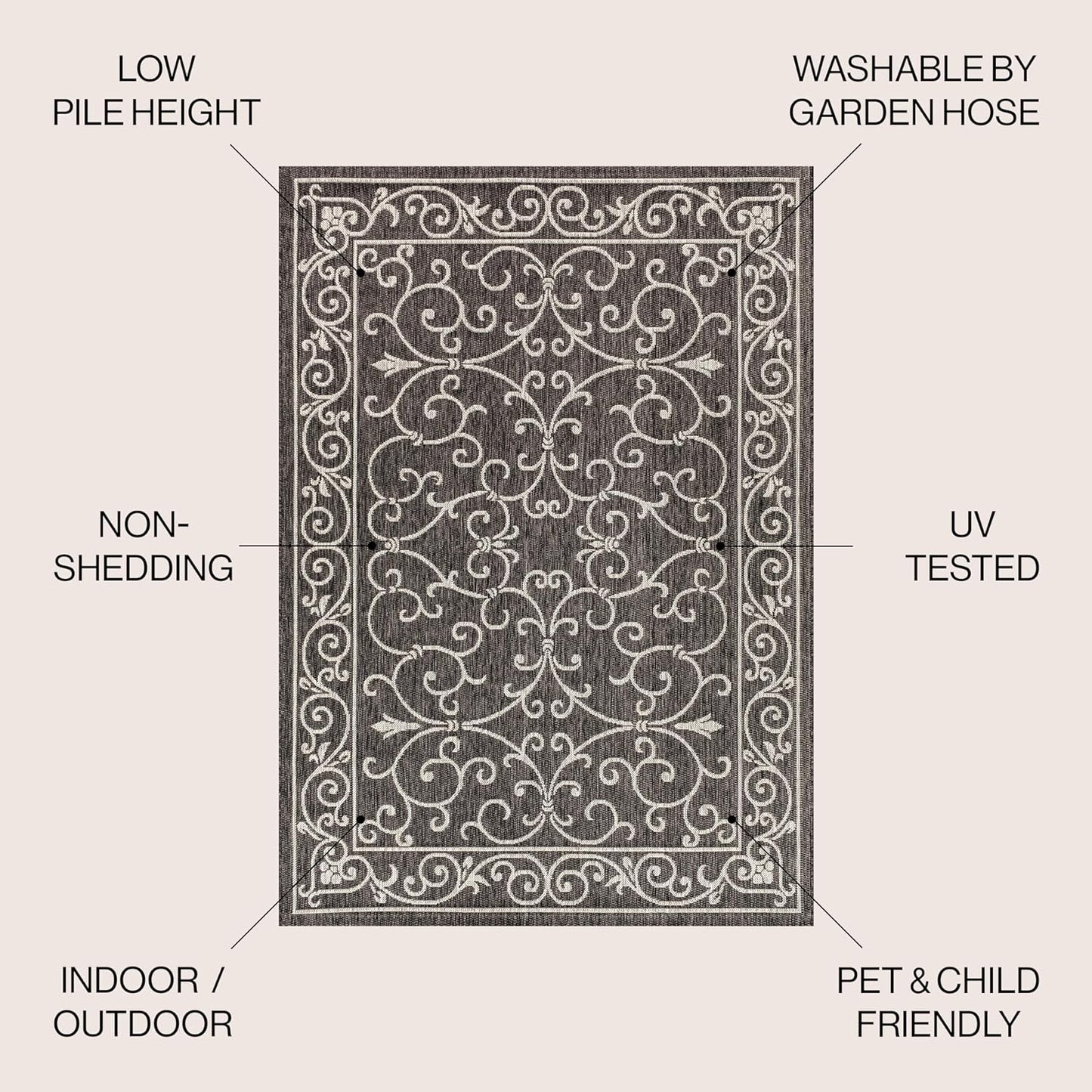 JONATHAN Y Vintage Filigree Indoor Outdoor Square Area Rug 5X5 Black/Gray, Charleston Textured Weave for Backyard, Patio, Porch, Easy-Cleaning, High Traffic, Pet-Friendly, Non-Shedding (SMB106G-5SQ)