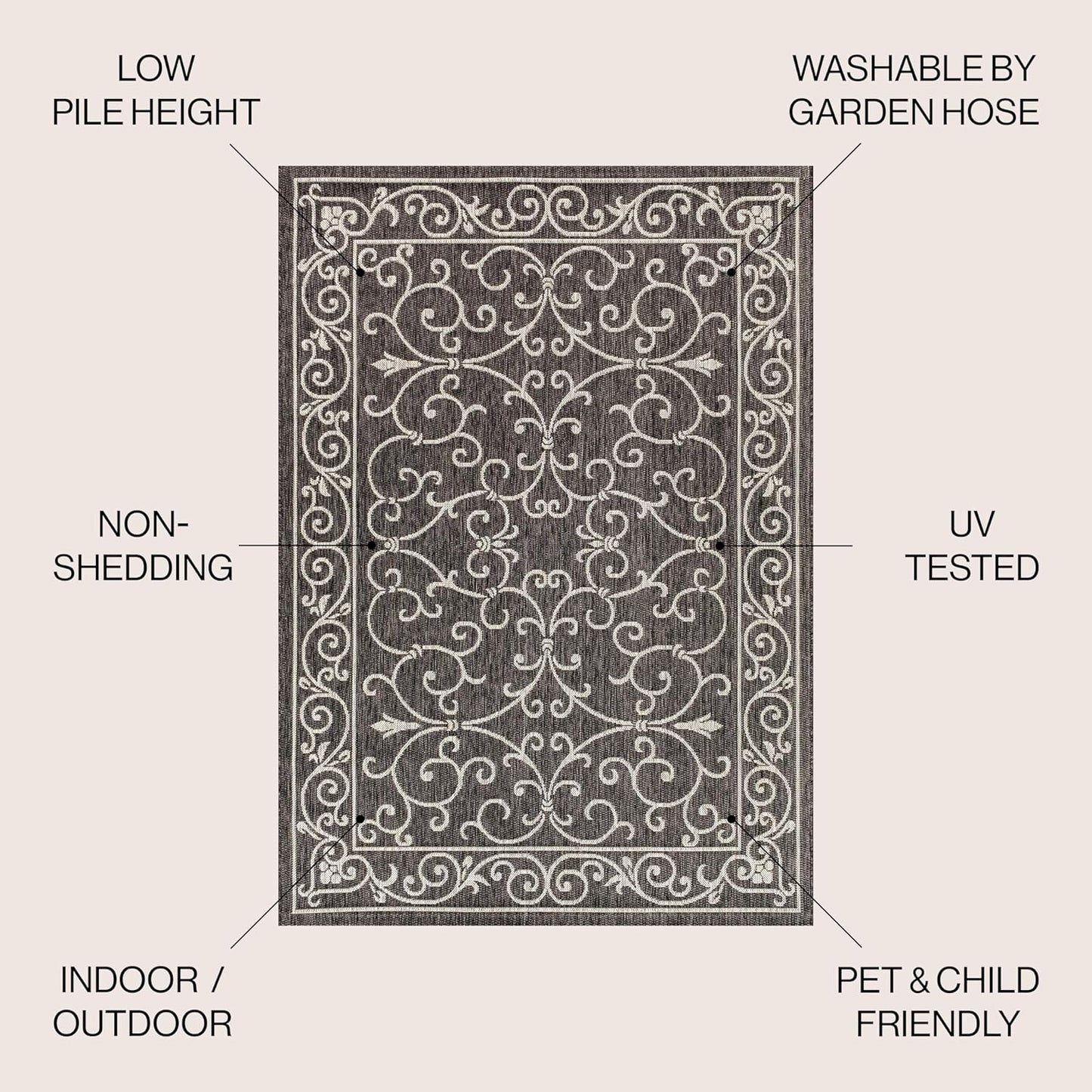 JONATHAN Y Vintage Filigree Indoor Outdoor Square Area Rug 4X4 Black/Gray, Charleston Textured Weave for Backyard, Patio, Porch, Easy-Cleaning, High Traffic, Pet-Friendly, Non-Shedding (SMB106G-4SQ)