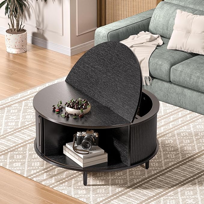 Round Coffee Table, 31.5" Fluted Center Table with Storage, Lift-Top Coffee Table with Adjustable Footpads, Sliding Door, Mid-Century Modern Center Table for Living Room, Small Space (Black)