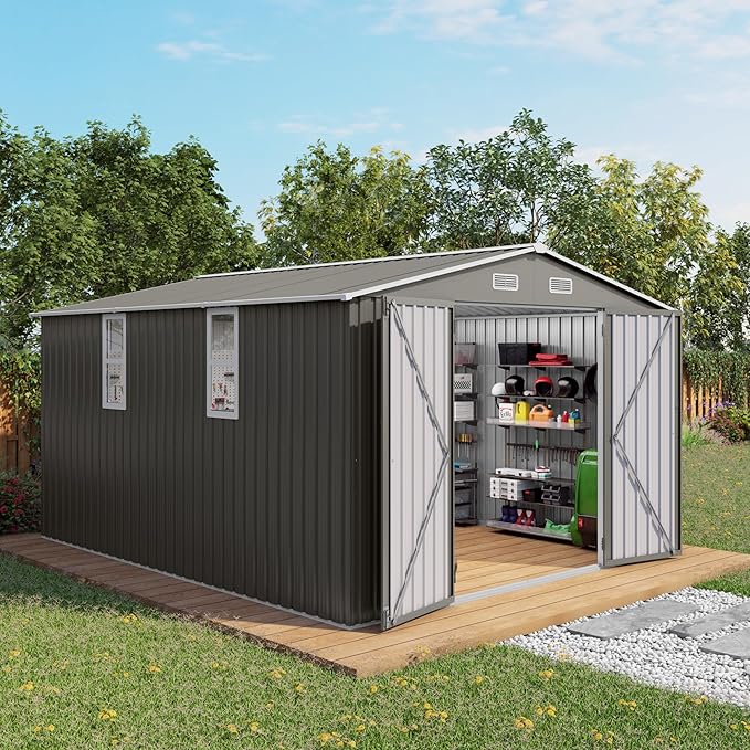 10x12 FT Outdoor Storage Shed, Large Metal Garden Shed with 2 Windows, Outside Tool Sheds with Lockable Hinged Doors, Waterproof Storage Building with 4 Air Vents for Backyard, Patio, Lawn, Gray