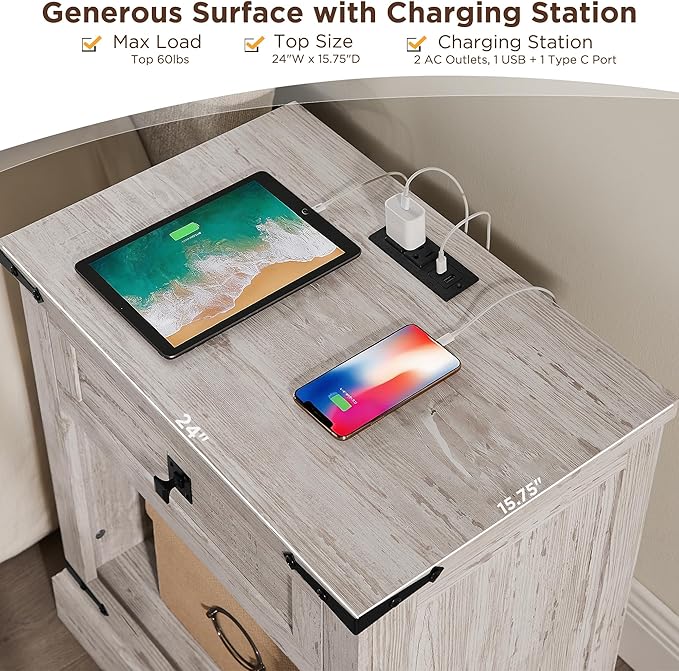 T4TREAM 24" Farmhouse Nightstand with Charging Station Set of 2, Large End Table with Drawer and Open Storage Cabinet, Rustic Wood Bedside Table Sofa Table for Bedroom, Antique Brush White