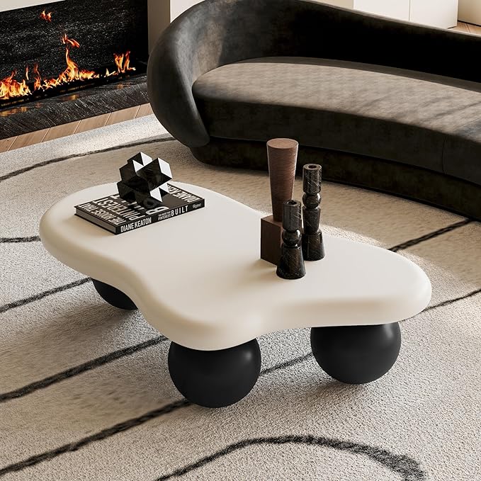 Modern Cloud Coffee Table with 3 Ball Legs, Cute Irregular Shaped Coffee Table, Low Center Table Tea Table for Small Space Living Room (40''L × 26.8''W × 11.7'H)