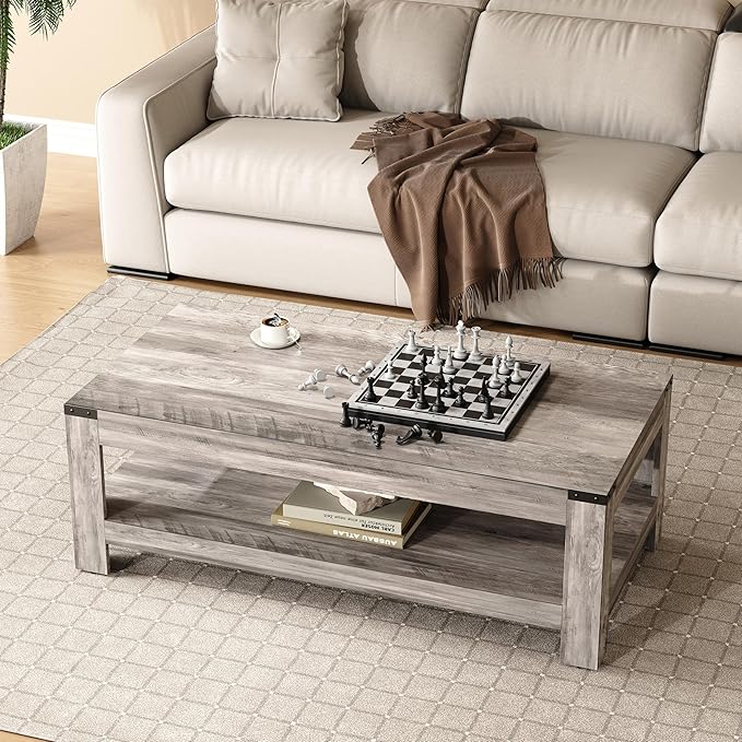Farmhouse Coffee Table, Modern Rustic Wooden Center Table with Storage, Living Room Tables, 2-Tier Industrial Cocktail Tea Table for Living Room (Wash Gray, 47.2 in)
