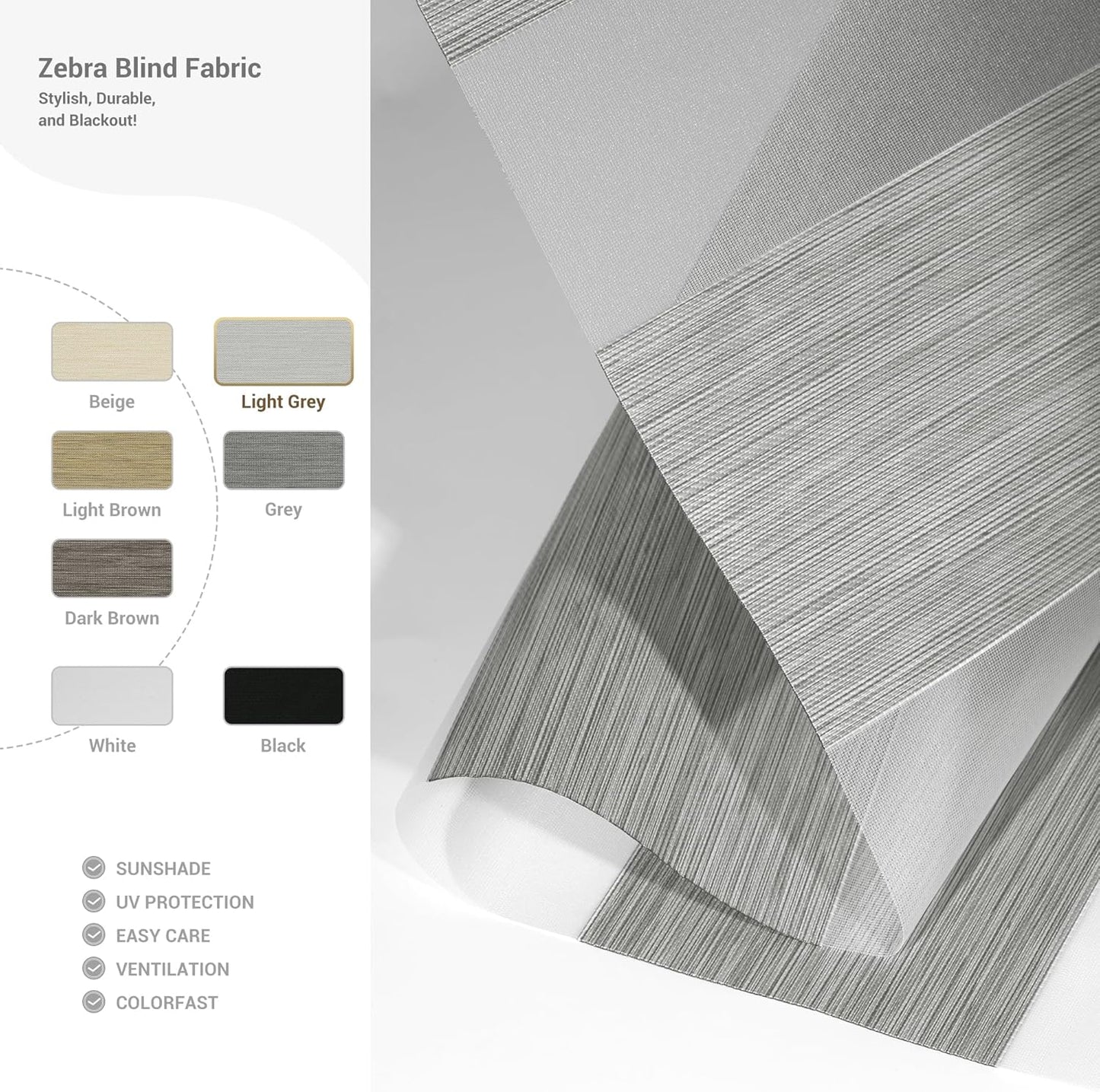 Cordless Zebra Blinds for Windows, Blackout Interior Blinds,Easy to Install,UV Protection,for Offices and Home,Custom Roller Shades, Mousse Light Grey,44" W x 36" H