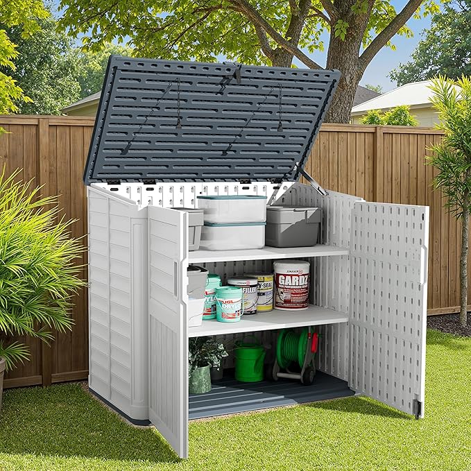 Devoko Resin Outdoor Storage Shed, 34 Cu Ft Outdoor Storage Cabinet with Shelf, Waterproof, Double Locks, Resin Storage for Trash Can, Garden Tools, Pool Supplies (Beige)