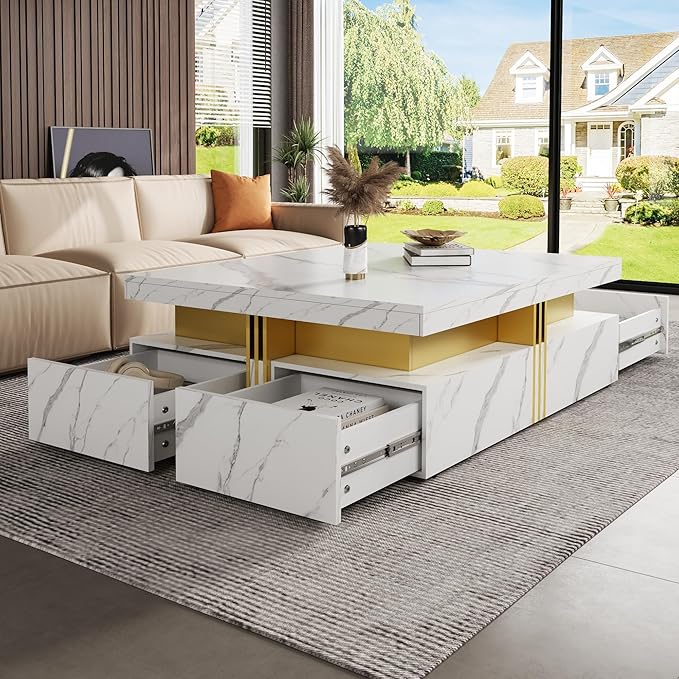 Merax 43.3" Modern Square Storage Coffee Table with 4 Drawers, with Marbling Gold Accents, Functional Center Tables for Living Room Apartment, White