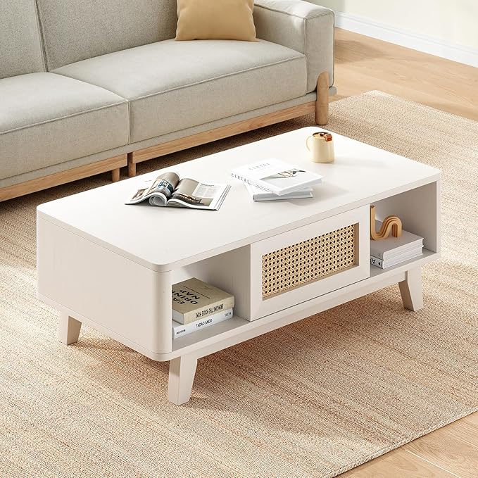 Soohow Coffee Table, Mid Century Living Room Tables with Storage, Modern Square with Rattan Drawer, Wooden Living Room Table with Solid Wood Leg