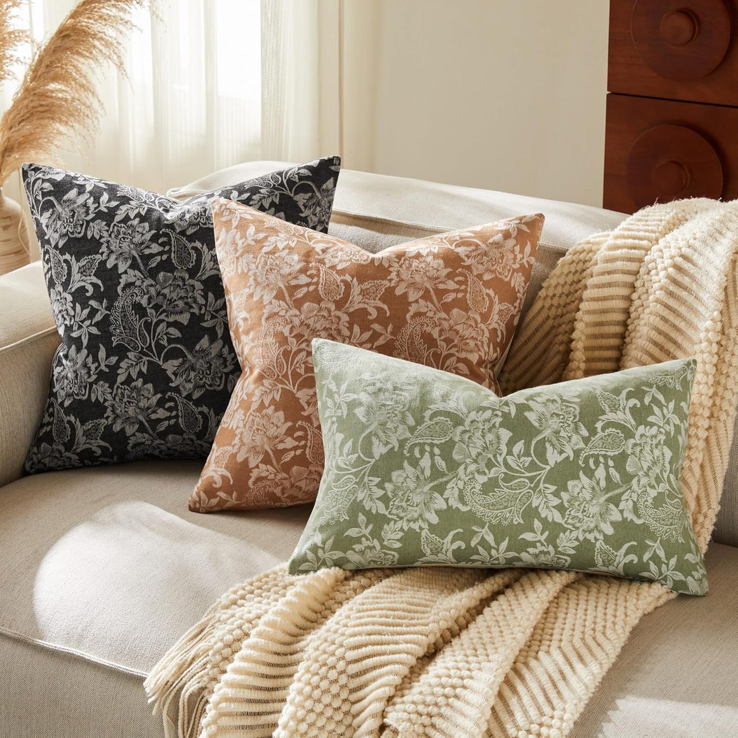 Floral Jacquard Throw Pillow Covers Set of 2, Background/Green 20x20 Inch, Farmhouse Decorative Cotton Sage Green Cushion Covers for Sofa Bed Living Room Home Decor