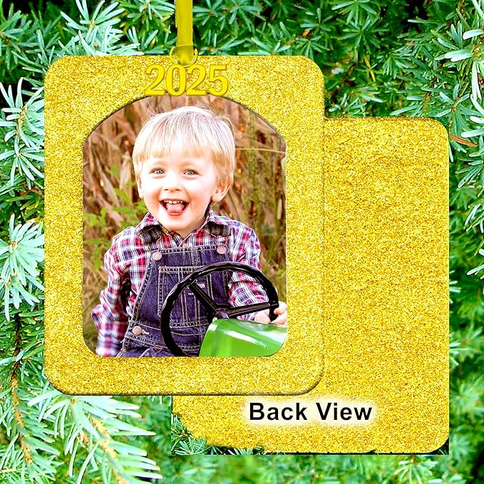 2025 Photo Ornaments for Christmas Tree, Sparkly Glitter Christmas Frame Ornament, Easy-Load Magnetic Design, Includes Satin Ribbon, Gold Charm & Photo Protector, Vertical, Gold