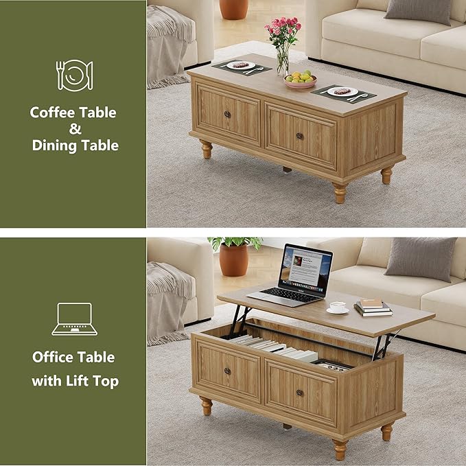 Lift Top Coffee Table with Storage, 39" Wood Rectangular Center Table with Lifting Top, Sturdy Space-Saving Dining Table for Living Room Home Office Small Space (Natural)