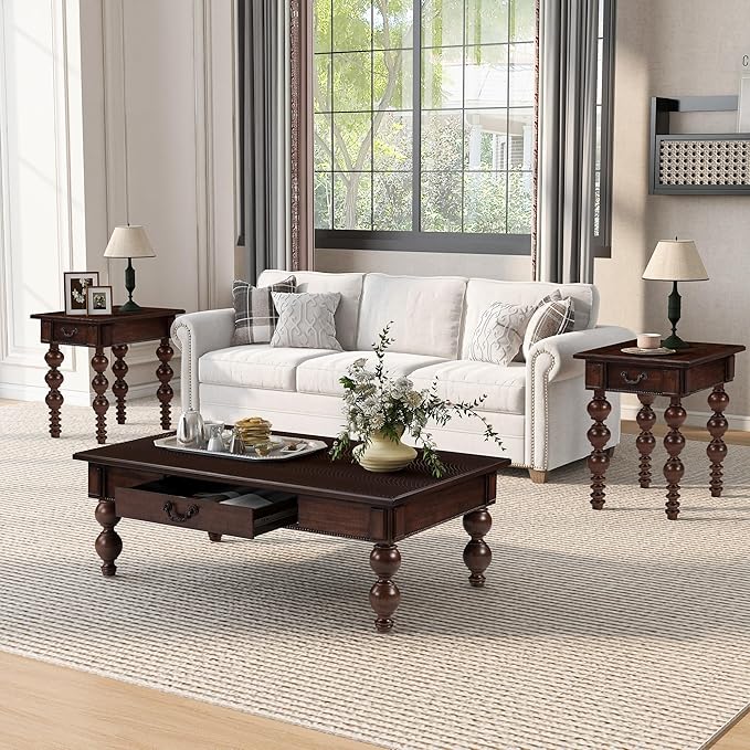 Amposei Retro Coffee Table 47’’ Vintage Wooden Cocktail Center Table with 1 Storage Drawer & Solid Wood Legs for Living Room, No Assembly, Espresso