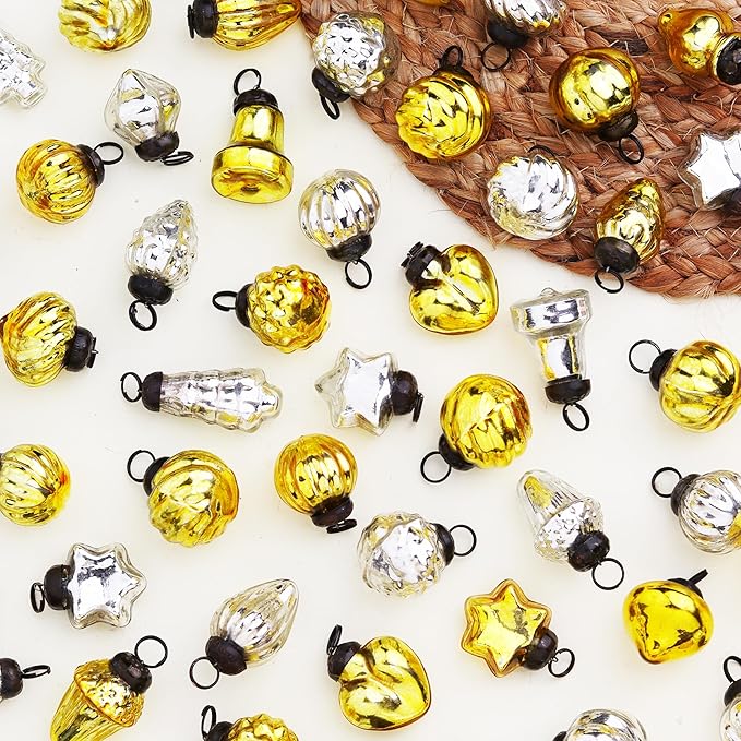 IndianShelf 50 Pieces Silver & Gold Glass Vintage Christmas Ornaments Mini Bulk Decorative Ornaments for Halloween, Christmas Tree, New Year, Valentine Day, Holidays, Event and Wedding (25 * 2 Boxes)