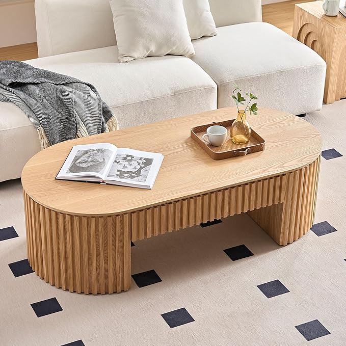 WILLIAMSPACE 51.18" Oak Oval Coffee Table with Drawer, Modern Luxury Wood Center Table Coffee Table for Living Room, Accent Side Table End Table for Apartment, 51.15" x 23.62" x 14.56" (Oak)