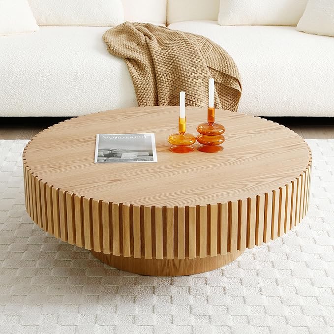 31.49" Modern Round Coffee Table,Sturdy MDF Material Pedestal Base,Fluted Wood Top,Luxury Drum Accent Table for Living Room,Kitchen,Apartment (Natural Ash,Round+Ø31.49 x13.97)