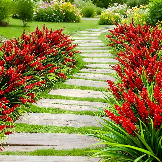 Geegoods Artificial Red Lavender Flowers for Outdoors – 48 Bundles UV Resistant Fake Flowers with Monkey Grass, Realistic Artificial Plants Outdoor for Garden, Patio, Porch, Window Box & Home Décor