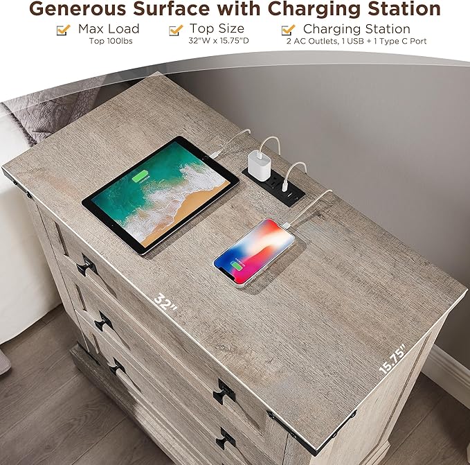 T4TREAM 32" Farmhouse Nightstand with Charging Station Set of 2, Large End Table with 3 Storage Drawers, Rustic Wood Bedside Table for Bedroom, Living Room, Light Rustic Oak