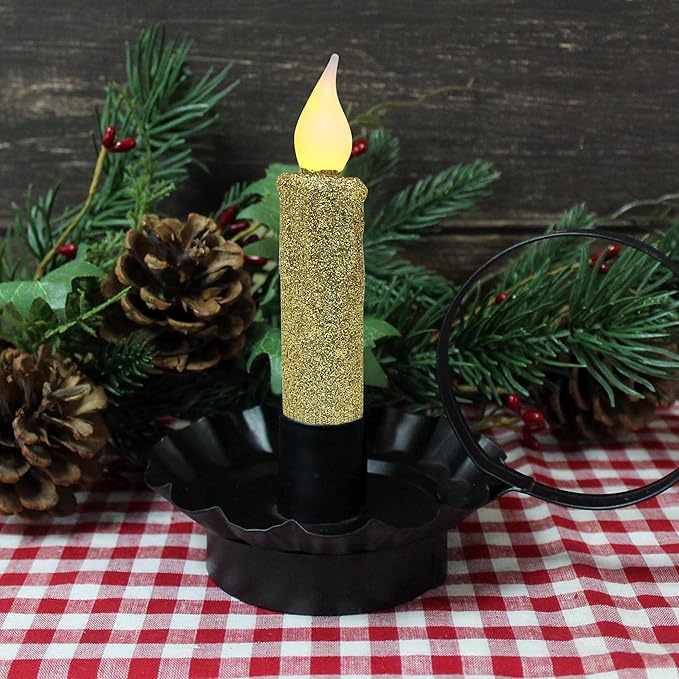 CVHOMEDECO. Glitter Flameless Candles Flickering Battery Operated LED Taper Candles with Timer for Home, Wedding, Halloween, Christmas Decor. Gold, 4-3/4 Inch, Set of 2