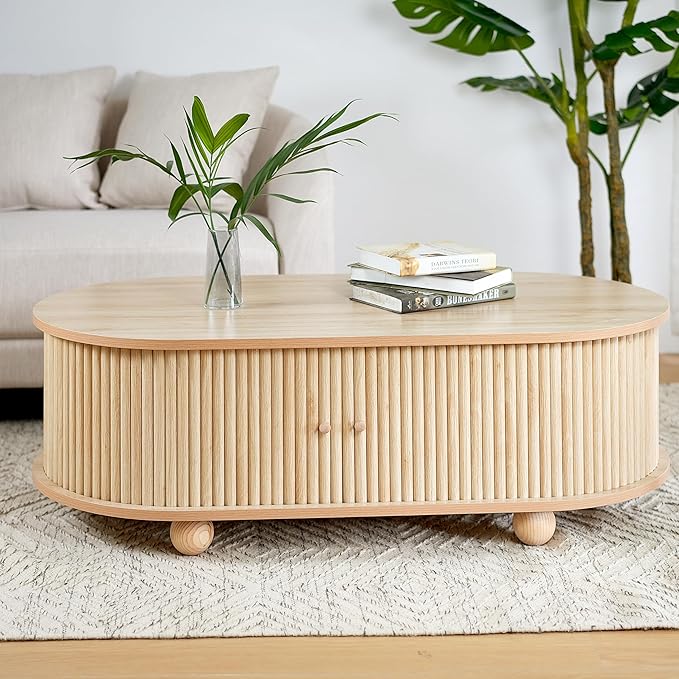 WILLIAMSPACE 47.24" Oval Coffee Table with Large Storage, Modern Luxury Wooden Drum Center Table with Round Legs for Living Room, Handcraft Accent Side Tea Table for Apartment, Natural