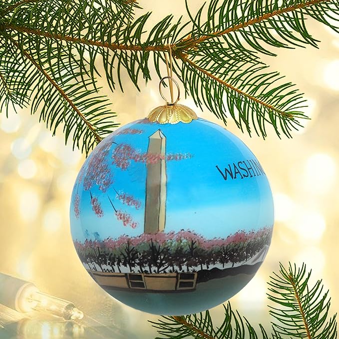 Blown Glass Christmas Ornament | Washington Monument Cherry Blossoms | Hand Painted Inside | Original Art | Includes Gift Box