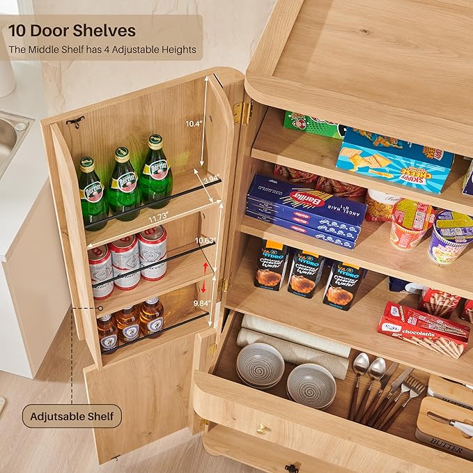 71" Tall Kitchen Pantry, Modern Curved Pantry Storage Cabinet with 4 Doors and 6 Adjustable Shelves, Cupboard for Kitchen, Dining Room, Living Room and Bathroom, Natural